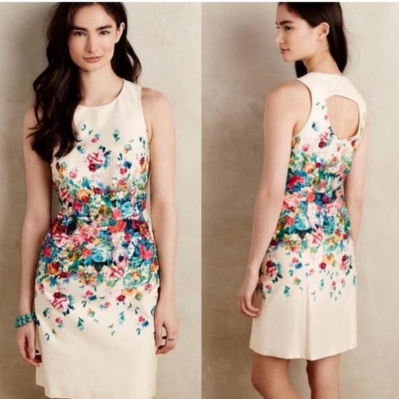 Anthropologie Maeve Tea Garden Cream Floral Sleeveless Sheath Dress. - Picture 1 of 4